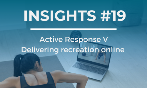 A lady does a push up in front of a laptop showing an exercise class. The text overlay reads 'INSIGHTS #19' at the top and 'Active Response V Delivering recreation online' below it, in white font against a blue background.