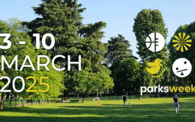 A park or open space with people throwing a ball. Copy reads: 3 - 10 March 2025 Parks Week