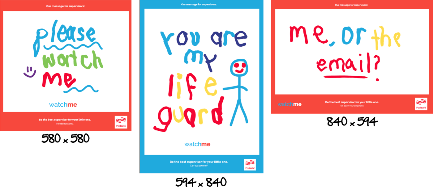 Image of Poolsafe posters that have copy on them: Please Watch Me