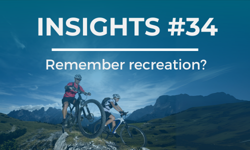 Two mountain bikers rest on top of a hill. The text overlay reads 'INSIGHTS #34' at the top and 'Remember recreation' below it, in white font against a blue background.
