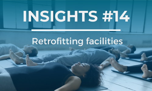 A group of people lie on yoga mats meditating. The text overlay reads 'INSIGHTS #14' at the top and 'Retrofitting facilities' below it, in white font against a blue background.