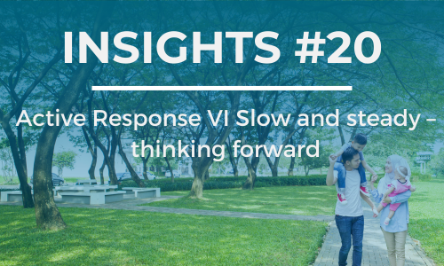 A couple walk along a path in a park; the man has a child on his shoulders. The text overlay reads 'INSIGHTS #20' at the top and ' Active Response VI Slow and steady – thinking forward' below it, in white font against a blue background.