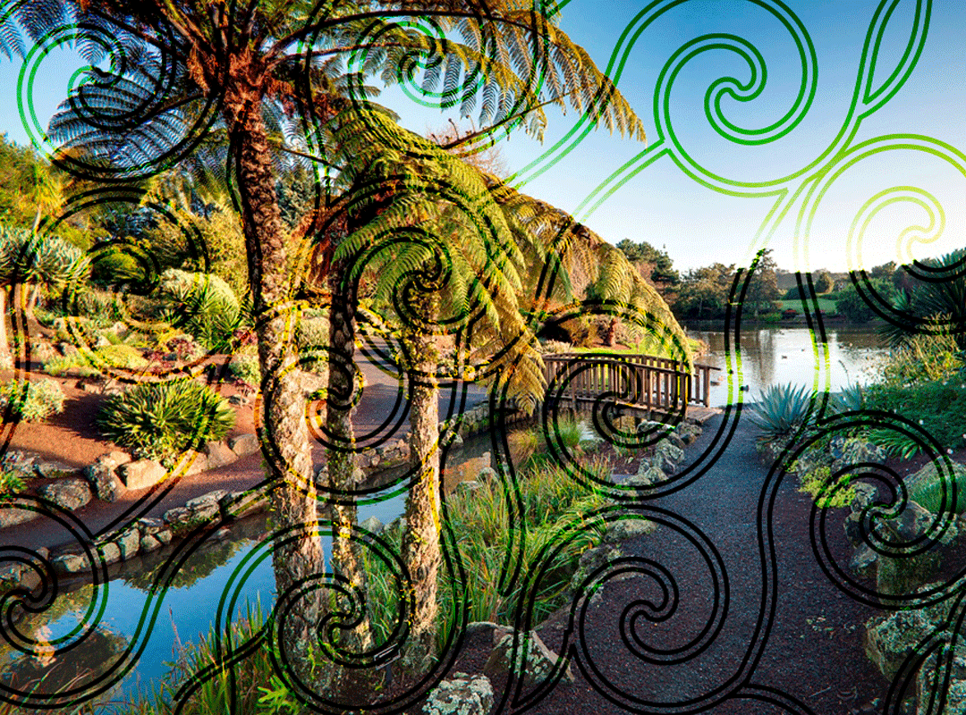 A natural bush setting with lush greenery and a gentle stream winding through. Overlaid with a subtle Māori pattern, blending cultural design with the serene landscape.